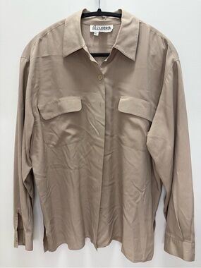 Vintage 90s Alexandria 100% Silk Taupe Oversized Blouse L
